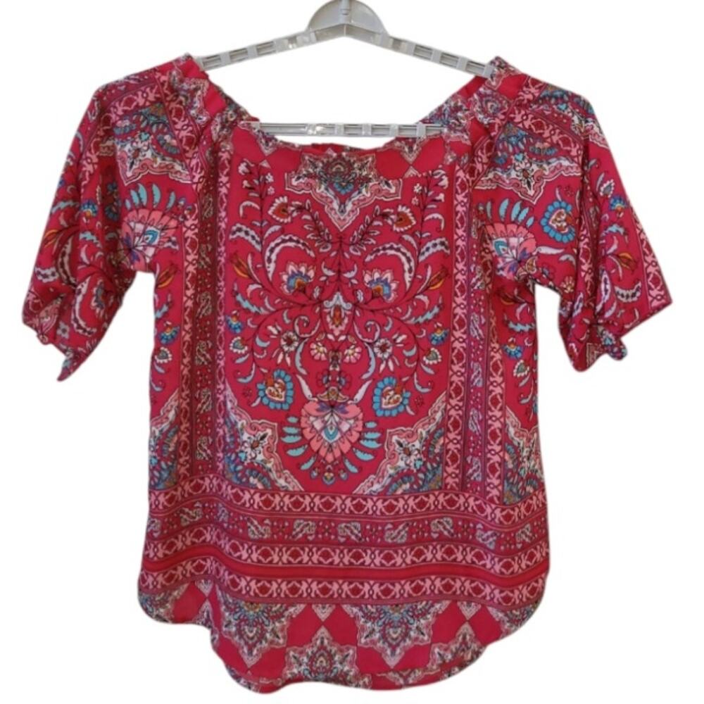 Verse Floral On/Off Shoulder Boho Chic Tie Sleeve Top L Flowy Festival Summer